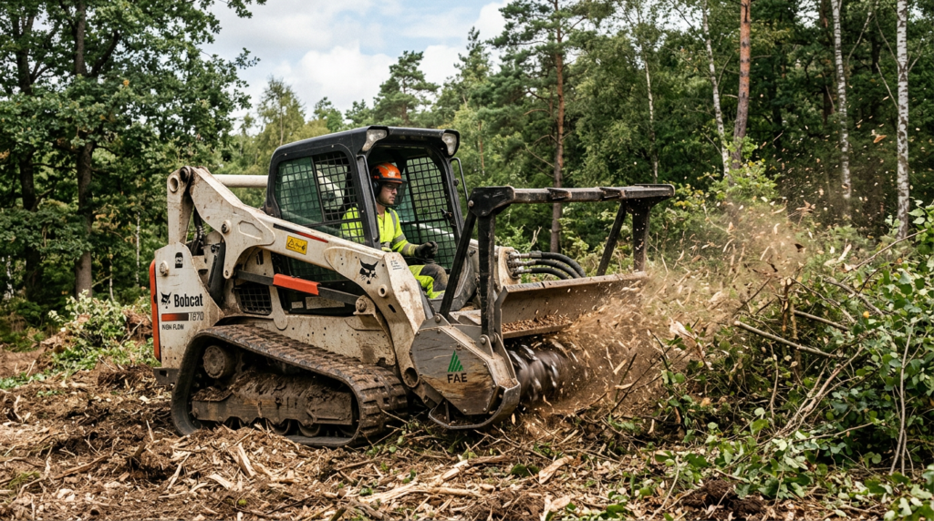 Man using a skid steer mulcher working in a forest.